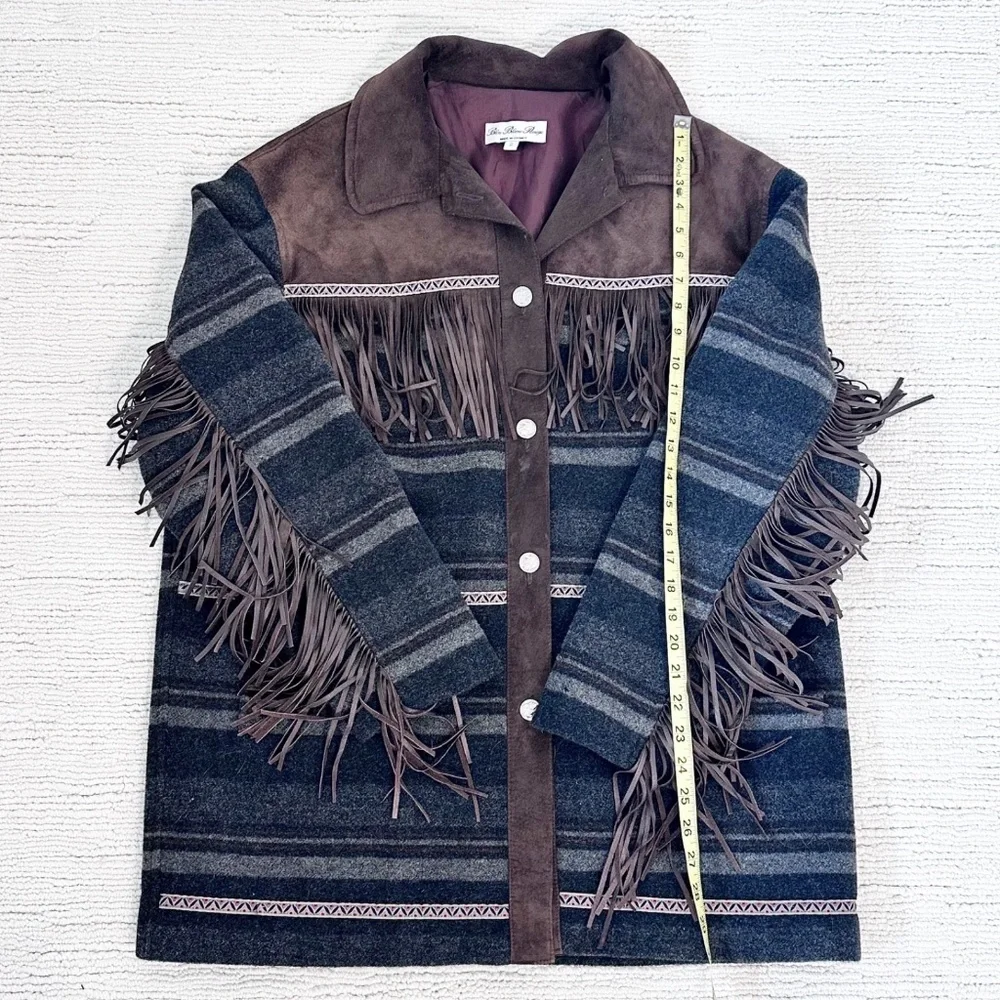 BLEU BLANC ROUGE Vintage Women L Brown/Blue Coat Fringe Suede Yellowstone Tribal